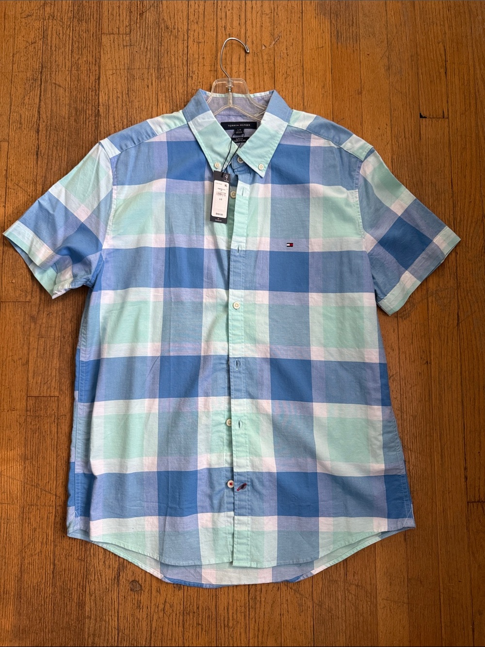 Tommy Hilfiger Blue and Mint Plaid Short-Sleeve Button-Down Shirt